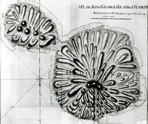A King Georges-sziget vagy Otheite terve, 1769 (litográfia) (fekete-fehér fotó) alkotó: J. Cook
