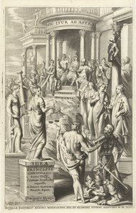Herkules az erények megszemélyesítésein túl az örök hírnév templomába vezeti az embert Címlap ehhez: Idea principis christiano-politica, Centum Symbolis expressa, Brüsszel 1649 (cím a tárgyon) alkotó: J. Danoot