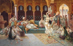 Háremtánc (olaj, vászon a fedélzeten) alkotó: J. G. Delincourt
