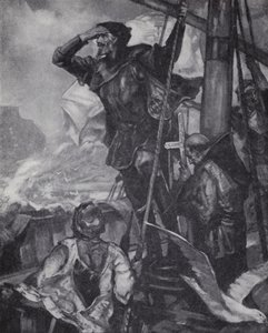 Vasco da Gama portugál felfedező megpillantja a Jóreménység-fokot Indiába vezető útja során. alkotó: J. H. Amschewitz