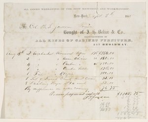 Adásvételi számla B. S. Jordan ezredesnek, 1855. szeptember 5. (tinta papíron) alkotó: J. H. Belter and Co. J. H. Belter and Co.