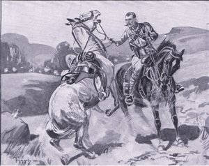 Brown őrnagy, 14. huszárok, liet Browns lovat erős tűz alatt tartva, illusztráció a Pretoria után: A gerillaháború, 1902 alkotó: J. H. Thorneley