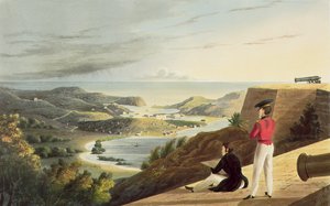Kilátás az angol kikötőre, Antigua a Great George Fortból, Monks Hill, metszett T. Fielding, kocsma. T. und G. Underwood, 1827