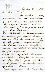 Levél aláírásával J.M.F. [J.M. Forbes], Boston, Eliothoz [William G. Eliot], 1863. november 7 alkotó: J. M. Forbes