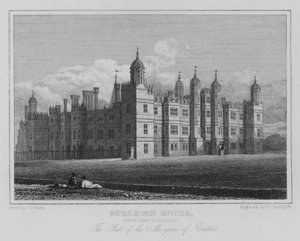 Burleigh House, Northamptonshire, Exeter márki székhelye (metszet) alkotó: John Preston Neale