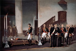 I. Amedeo király Prim tábornok koporsója előtt, J. Palacios metszete alkotó: J. Palacios