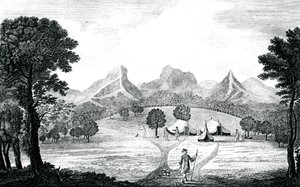 Kilátás a Commodore sátorra Juan Fernandes szigetén, 1745 körül (metszet) alkotó: J. S. Mason