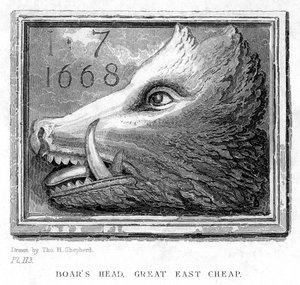 Fogadótábla a Boars Head Tavernből, Eastcheap, London, 19. század.