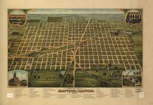 Mattoon, Illinois állam madártávlatból, 1884. alkotó: J. W. Shober and Carqueville Smith