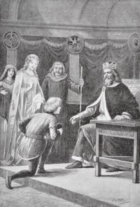 Gareth eljött, hogy a második kegyét kérje, hogy a király lovagjai közé tartozzon, és hogy segíthessen a hölgynek (litho). alkotó: J. Williamson