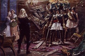 Oliver Cromwell parlamenti katonái betörnek I. Károly király hívének házába (színes litó)