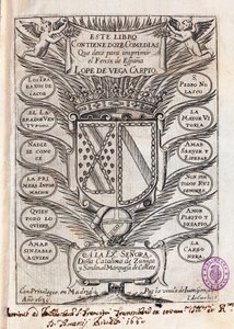 Felix Lope, Vega Carpio (1562-1635) tizenkét vígjátékát tartalmazó gyűjtemény félcímoldala alkotó: J. de (after) Courbes
