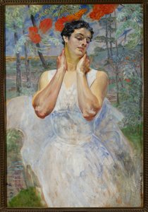 Női portré berkenye háttérrel alkotó: Jacek Malczewski
