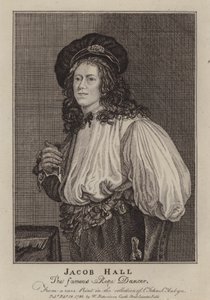 Jacob Hall angol kötéltáncos és akrobata, aki II. Károly király uralkodása alatt tevékenykedett (metszet) alkotó: Jacob (after) Van Oost the Younger