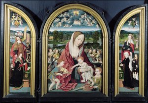 Szűz és gyermek muzsikáló angyalokkal és a Sampsons-Coolen családdal, Triptichon, 1500-1525
