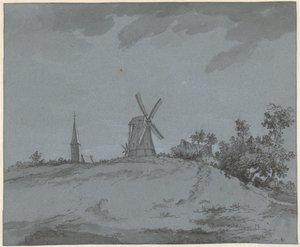 Táj szélmalommal és templommal egy dombon alkotó: Jacob Ernst Marcus
