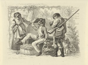 Katona emelt üveggel egy nő és egy vadász között Tanulmánynyomatok / Etudes gravées (sorozat címe) alkotó: Jacob Ernst Marcus