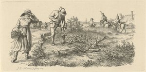 Ásó férfi, egy nő kosárral és katonák lóháton Tanulmánynyomatok / Etudes gravées (sorozat címe) alkotó: Jacob Ernst Marcus