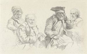 Tanulmányi lap három idős férfival és egy fiatal nővel Tanulmánynyomatok / Etudes gravées (sorozat címe) alkotó: Jacob Ernst Marcus