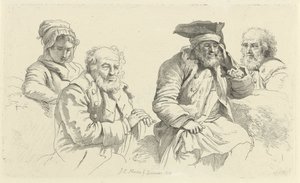 Tanulmányi lap három idős férfival és egy fiatal nővel Tanulmánynyomatok / Etudes gravées (sorozat címe) alkotó: Jacob Ernst Marcus
