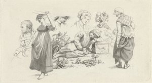 Tanulmányi lap egy alvó fiúval és figurákkal Tanulmánynyomatok / Etudes gravées (sorozat címe) alkotó: Jacob Ernst Marcus