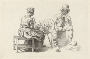 Tanulmányi lap egy nővel a forgó keréknél és egy ülő férfival Tanulmánynyomatok / Etudes gravées (sorozat címe) alkotó: Jacob Ernst Marcus