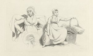Tanulmányi lap két nővel és egy fejjel Tanulmánynyomtatási munka / Etűdek gravées (sorozat címe) alkotó: Jacob Ernst Marcus