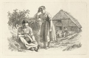 Két nő és egy férfi gyermekekkel egy istálló előtt Tanulmánynyomatok / Etudes gravées (sorozat címe) alkotó: Jacob Ernst Marcus