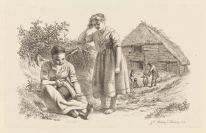 Két nő és egy férfi gyermekekkel egy istálló előtt Tanulmánynyomtatási munka / Etűdek gravées (sorozat címe) alkotó: Jacob Ernst Marcus
