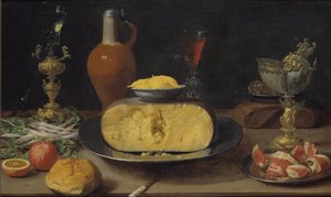 Reggeli csendélet sajttal és serleggel – Reggeli csendélet sajttal és serleggel, Van Es, Jacob Foppens (kb. 1596-1666). Olaj, fa. Mérete: 50x84 cm. Nemzeti Múzeum Stockholm
