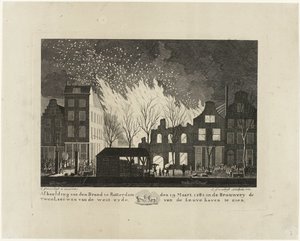 Tűz a De Twee Leeuwen sörfőzdében Rotterdamban, 1782 Den Brand képe Rotterdamban 1782. március 19-én a Brouwery de Twee Leeuwenben, a Leuvehaven nyugati oldalán (cím a tárgyon) alkotó: Jacob Groenendijk