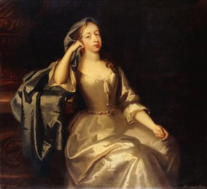 Mrs. Tyrell portréja, háromnegyed hosszú, fehér szaténruhában, kék kendőben, jobb karja lábazaton támaszkodik, azon túl táj,