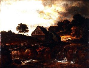 Erdős táj paraszttal a hídon a patak felett alkotó: Jacob I. van (follower of) Ruisdael