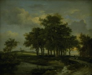 Tölgyfák egy út közelében, este alkotó: Jacob van Ruisdael