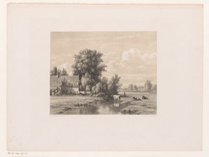 Táj farm és tehén a vízben alkotó: Jacob Jan van der Maaten