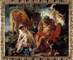 Merkúr és Argus Merkúrt Zeusz arra bíztatja, hogy elaludjon Argust, Io őrzőjét, akit Héra genissevé alakított át. Jacob Joardaens (1593-1678) festménye 1625 V. 2,02x2,41 m Lyon, Musee des Beaux Arts alkotó: Jacob Jordaens
