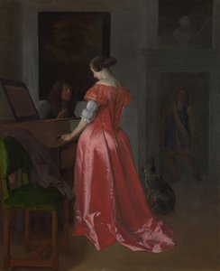 Egy nő csembalónál áll, 1675 körül alkotó: Jacob Lucasz. Ochtervelt