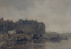 Házak a Prins Hendrikkade-ban, Amszterdamban, egy ködös napon alkotó: Jacob Maris