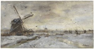 Táj szélmalommal a hóban alkotó: Jacob Maris