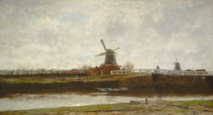 Kilátás a malomra és a hídra a Noordwest Buitensingelen Hágában alkotó: Jacob Maris
