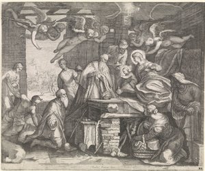 A királyok imádása angyalokkal alkotó: Jacob Matham (workshop of)