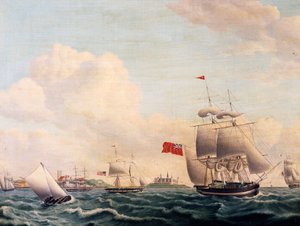 Svédország és Dánia között az Oresund-szoroson áthaladó hajók, háttérben a Kronborg-kastéllyal alkotó: Jacob Petersen