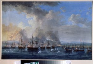 Orosz-oszmán háború: ""The Naval Battle of Damietta on 1770"" (The Naval Battle of Damietta on 1770) Szembeszállt II. Katalin Oroszországának flottáival és az Oszmán Birodalommal (Orloff forradalma vagy az Orloff testvérek expedíciója). Festék alkotó: Jacob Philippe Hackert