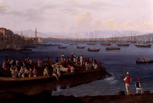A Nápolyi-öböl Santa Lucia közelében az Algírból visszatérő haditengerészeti flottákat mutatja be alkotó: Jacob Philippe Hackert