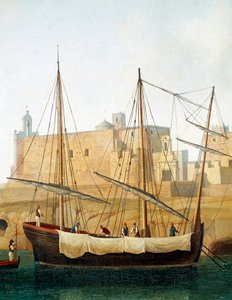 Kilátás egy hajóra Monopoli kikötőjében, Puglia, Olaszország - (Hajó Monopoli kikötőjében) Jacob Philipp Hackert festménye Hackert d
