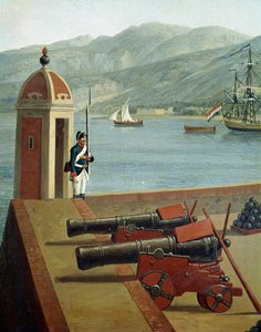 Reggio Calabria kikötő katonai erődítményeinek képe (Reggio Calabria katonai erődítményeinek képe) Őrség és kanonok részlete (ágyúk és őrség) - Jacob Philipp Hackert festménye dit Hackert d