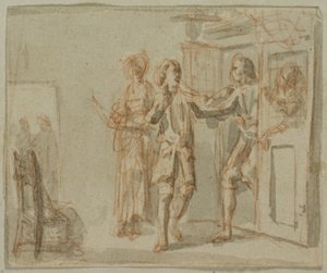 Irodalmi illusztráció: Két férfi és nő a belső térben alkotó: Jacob Wilhelm Mechau