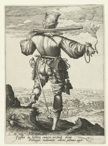 Muskétás (harquebusier?) sisakkal Tisztek és katonák (sorozat címe) alkotó: Jacob de Gheyn (II)