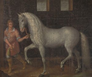 Spanyol harci ló Egy spanyol harci ló, amelyet Lodewijk Gunther van Nassau foglyul ejtett Albert osztrák főhercegtől a nieuwpoorti csatában, és bemutatta Maurits hercegnek alkotó: Jacob de Gheyn (II)