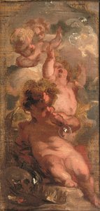 Vanitas allegóriája: Négy putti buborékot fújva, egy koponya, egy művészpaletta és egy korona a közelben (olaj, vászon a táblán)